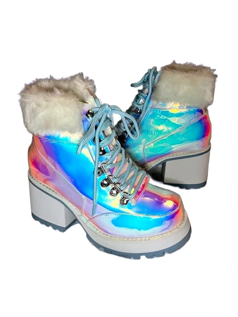Dolls Kill Iridescent Holographic Faux Fur Platform Boots Y2K Goth Size 7